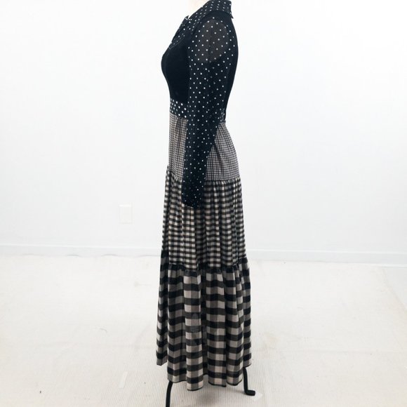 SOLD Vintage 70s S Prairie Check Print Maxi Dress Black - Picture 5 of 10